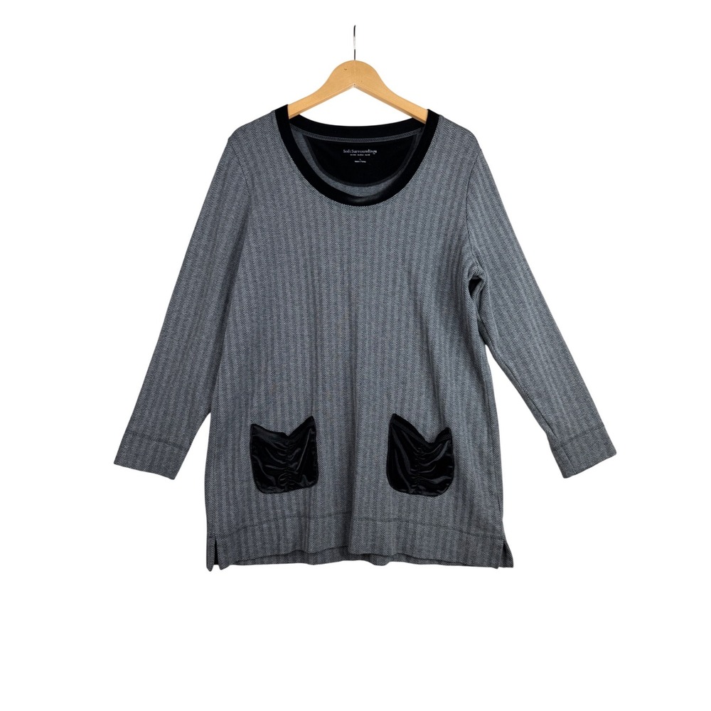Soft Surroundings Herringbone Velvet Pocket Trim Tunic size Large Gray/Black